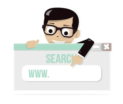 Young boy looking on simple browser window. Your website in the search line Stock Illustration