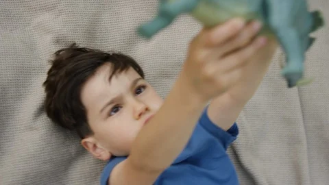 Young boy lying on blanket in backyard and playing with toy dinosaur Stock Footage 119990397