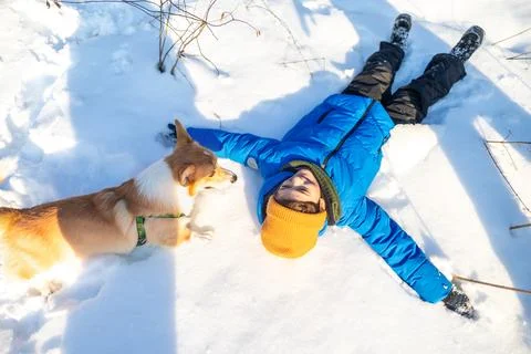 Young boy lying in the snow while playing with a corgi dog Stock Photos