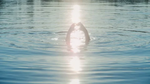 Young Boy Making Heart Shape With Hands in Lake at Sunset Stock Footage 344688728