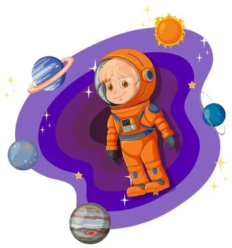 Young Boy in Orange Spacesuit Exploring the Galaxy Vector Illustration Ilustración de archivo