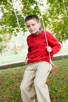 Young boy outdoors on tree swing smiling (selective focus) Stock Photos