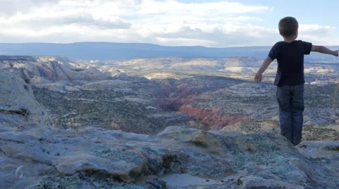 Young boy overlooking vast area with a canyon below Video stock 63787958