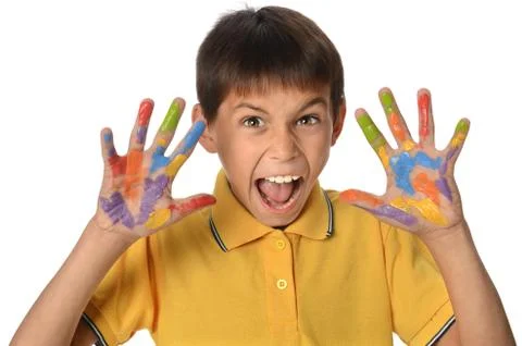 Young boy with painted hands Stock Photos
