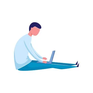 Young boy in pants working at modern laptop at his legs Stock Illustration
