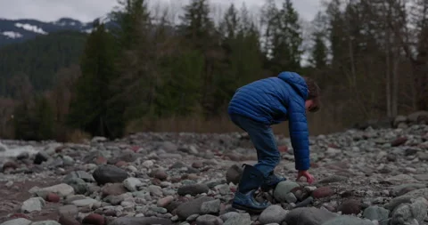 Young boy picking rocks to throw in rive... | Stock Video | Pond5