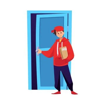 Young boy with pizza box opening door flat style, vector illustration Stock Illustration