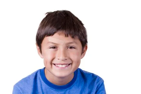 Young boy with plaster on forehead - on white background Stock Photos