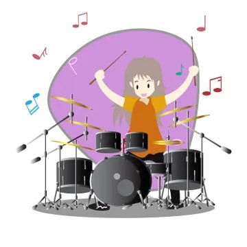 Young boy playing Drum set Happy Love music Background character design illus Stock Illustration