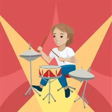 Young boy playing the drums on the stage. Vector illustration Stock Illustration