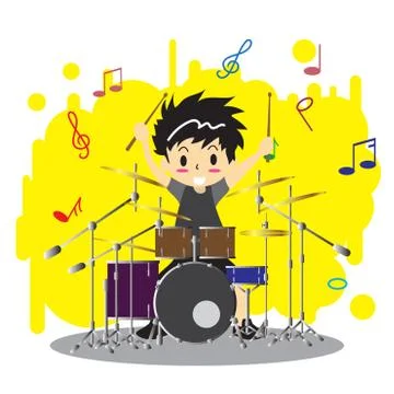 Young boy playing Drumset  Happy Love music color Background character design Stock Illustration