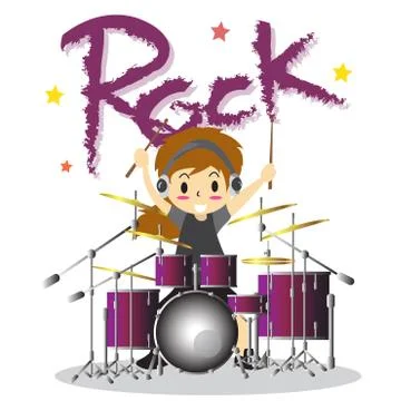 Young boy playing Drumset  Happy Love music color Rock Background character d Stock Illustration