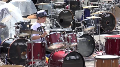 Young boy playing on drumset, Riga, Latvia Vídeo Stock 65022796