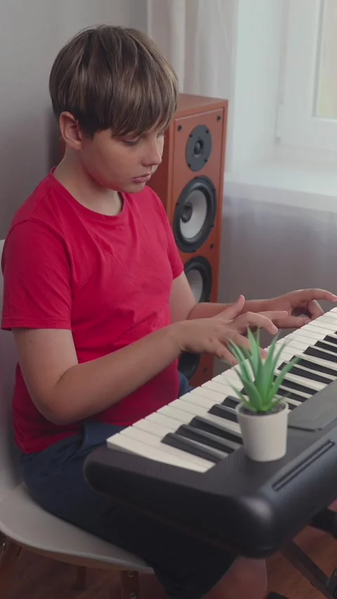 Young Boy Playing Electronic Keyboard Synthesizer Vertical Video Stock Footage 342034233