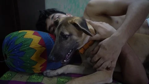 Young boy playing with his pet dog, Dog biting the boy. Stock Footage 131717829