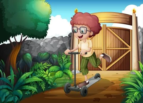 A young boy playing with his scooter inside the gate Stock Illustration