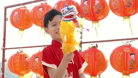 Young boy playing lion puppet in Chinese new year festival Stock Footage 83107757