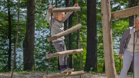 A young boy playing on a playground, climbing a wood and rope ladder and Vídeo Stock 121595847