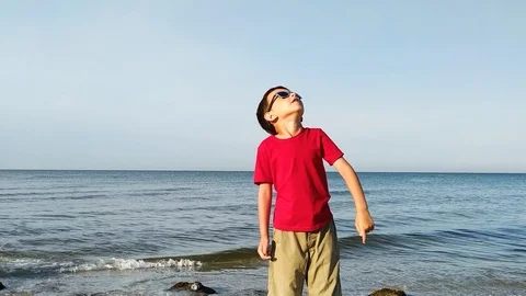 Young boy pointing to the sky against the background of the sea Stock Footage 112753888