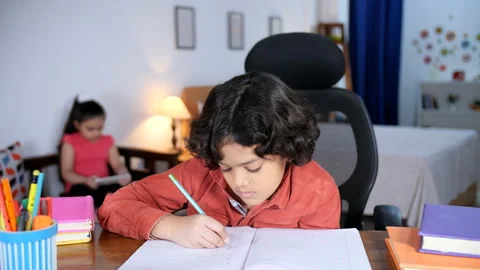 A young boy is posing for the camera while doing his homework at a study tabl... Stock Footage 201191915