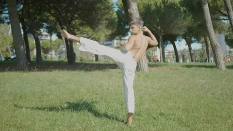Young boy practicing high kick martial arts outdoor in the park alone Stock Footage 142862024