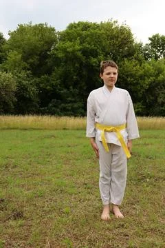 Young boy practicing karate in a field with trees in the background during the Stockfoto's
