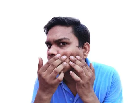 Young Boy press Pimples to squeeze out on face 스톡 사진
