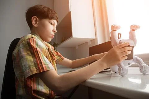 Young boy programming robot dog toy on desk Stock Photos
