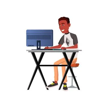 Young boy programming software on computer cartoon vector 스톡 일러스트