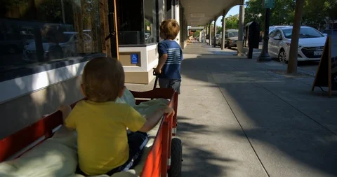Young boy pulling his baby brother along in a cart in town Vidéo 88372576