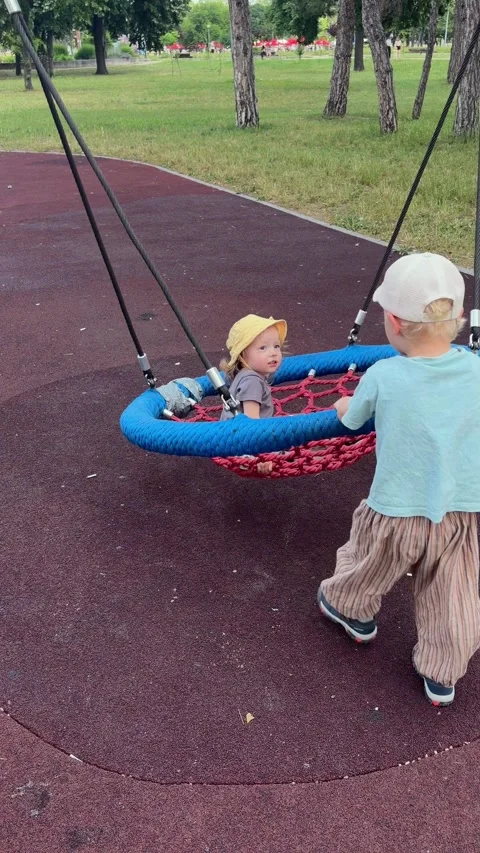 Young boy pushing basket swing with younger sibling. Joyful childhood Stock Footage 338055079