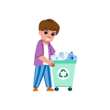 Young boy putting plastic bottles in recycling bin Stock Illustration