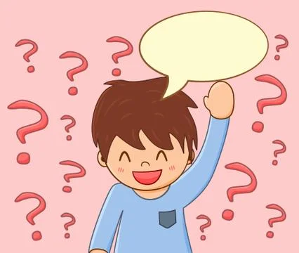Young boy raising hand with bubble speech with many question to ask. Stock Illustration