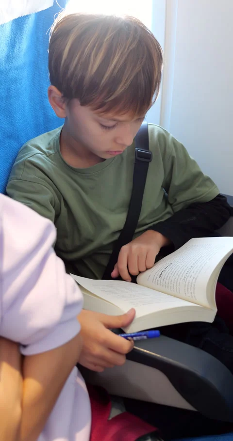 Young boy reading a book during a flight Stock Footage 304070804