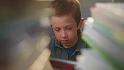 Young Boy Reading a Book at Home Preparing for School Study Learning Stock Footage 284742291