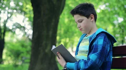 Young boy reading book in the park HD Stock Footage 10986473