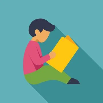 Young boy reading book sitting cross legged with long shadow Stock Illustration