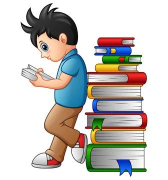 Young boy reading with leaning in the stack of book Stock Illustration
