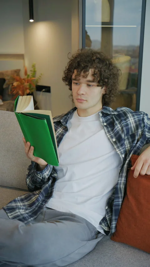 Young boy reads a book on a sofa in a modern room with natural light in the afte Stock Footage 345301407