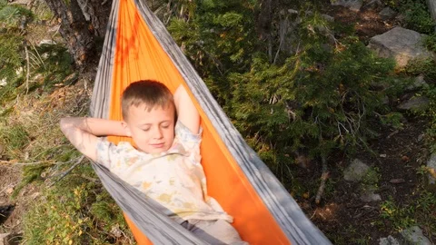 Young boy relaxing in a hammock.  Stock Footage 93599770