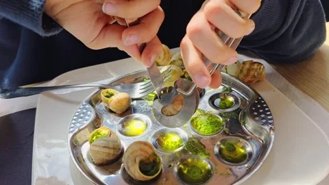 Young boy removes a snail from its shell using tongs and a fork at a restau.. Video stock 343165767