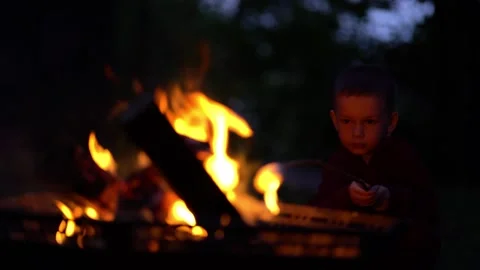 Young boy roasting marshmallow over glowing campfire at night.  Stock Footage 340933115