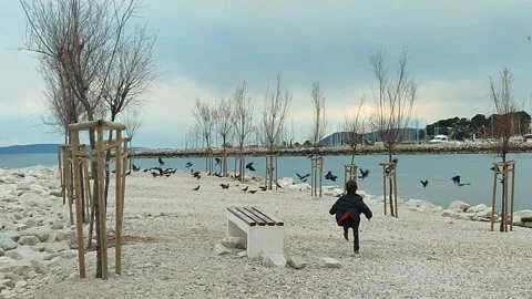 Young boy running on a beach in autmn Video stock 169317176