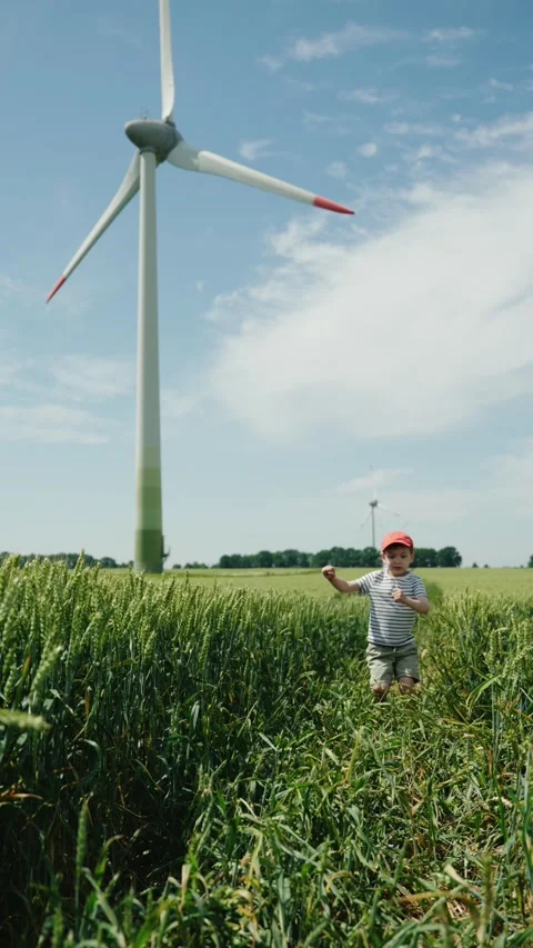 Young boy running in green weat field with wind turbine in the background Stock Footage 313334047