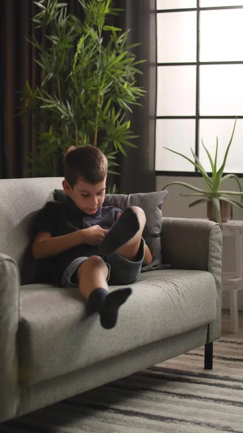 Young Boy Running to Sofa to Use Smartphone Stock-Footage 344146741