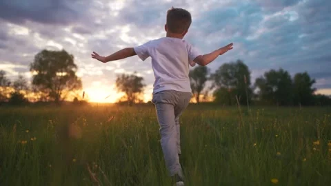 Young boy running through field. Child is running in grass field. A young woman Stock Footage 318008676