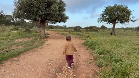 Young boy runs forward along dirt nature trail with green countryside landscape Stock Footage 334321852
