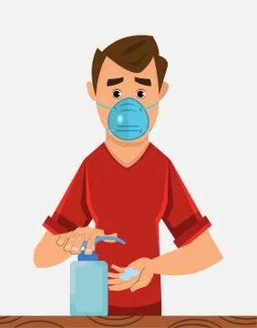Young boy sanitizing hands with gel Stock Illustration