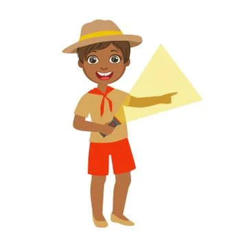 Young boy scout holding a flashlight, a colorful character Stock Illustration