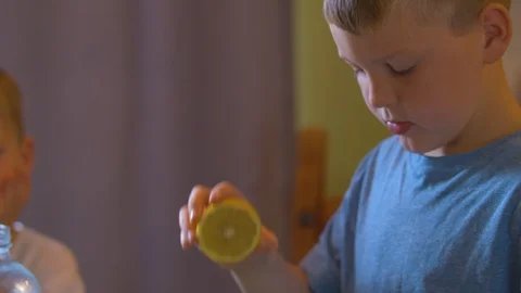 Young Boy Showing a Lemon to the Camera and Squeezing it to Make Lemonade Stock Footage 94395197